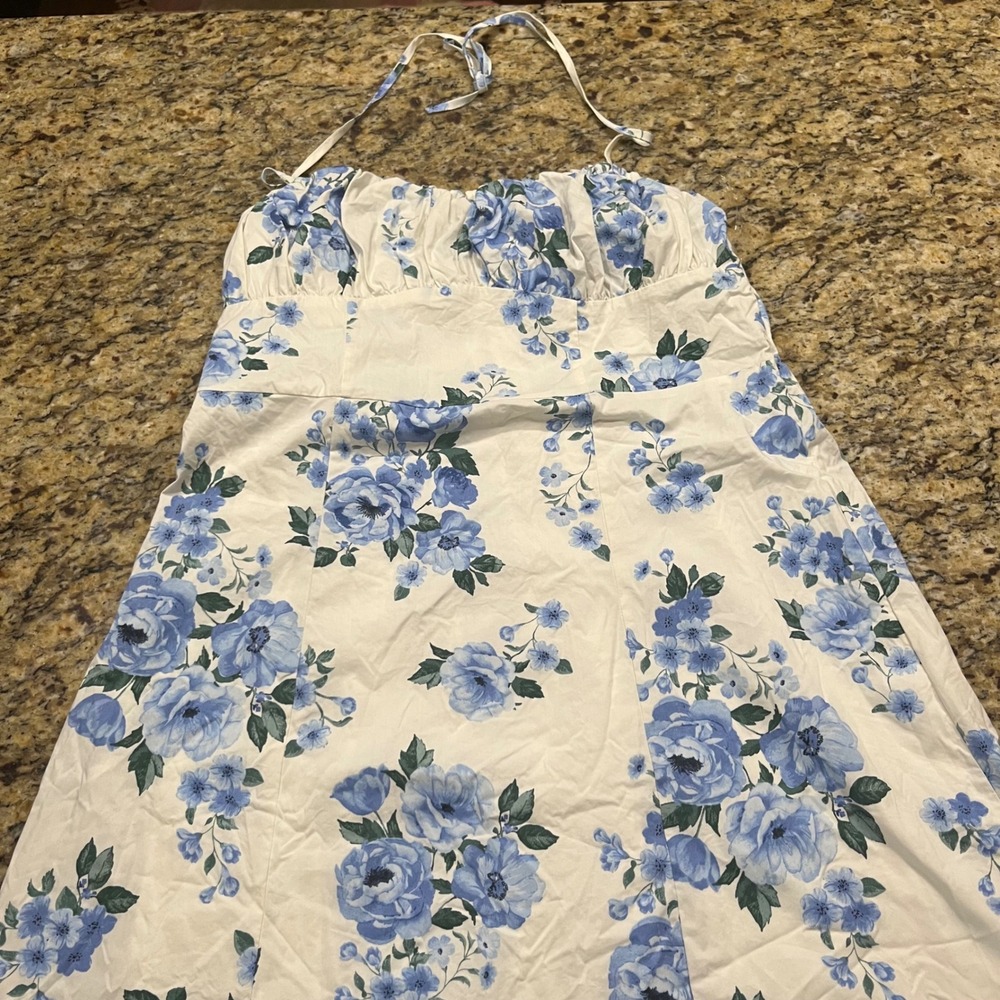 Wild Fable Blue Floral Halter Midi Dress XL White Cottagecore Smocked Back Zip